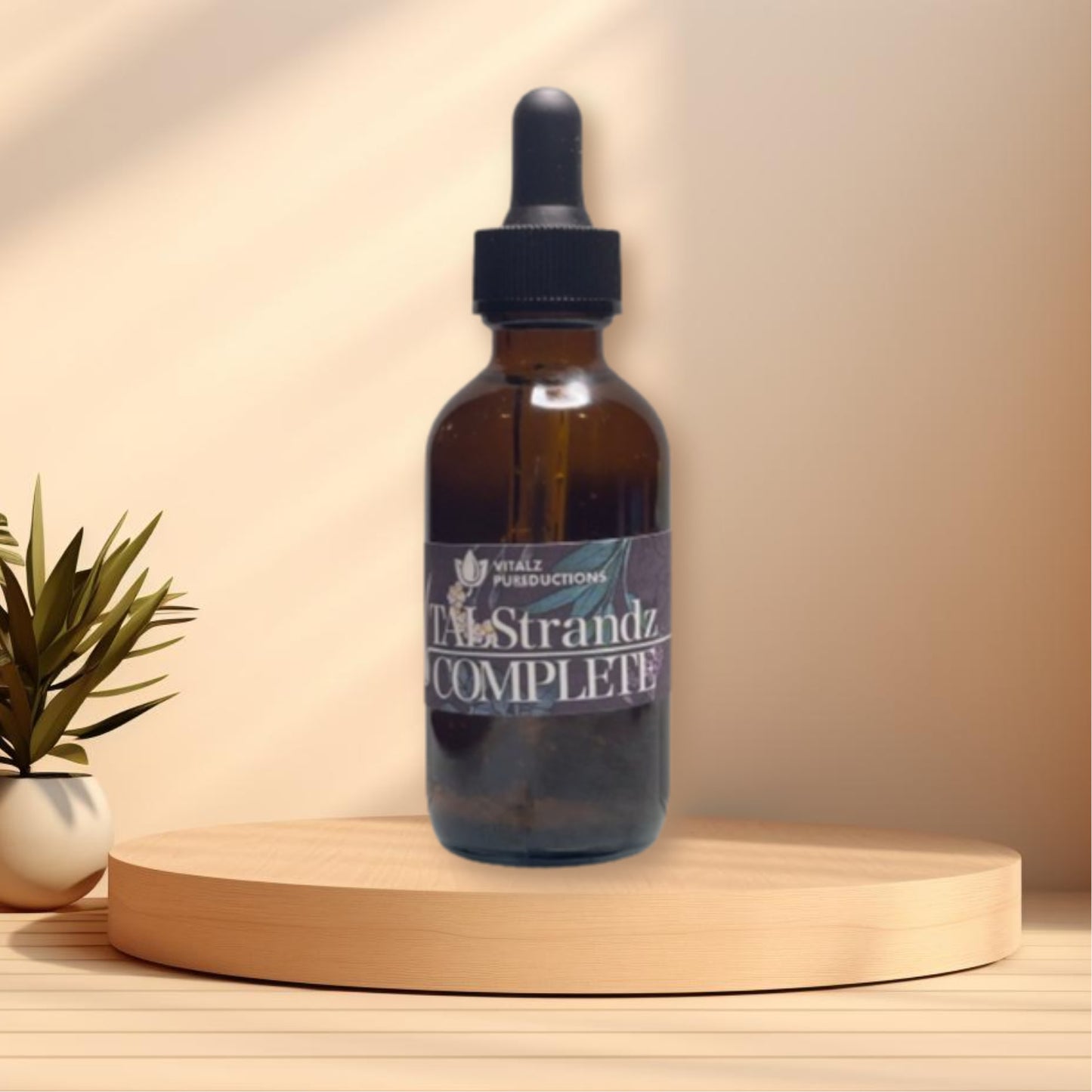 A glass dropper bottle labeled "Vital Strandz COMPLETE" is placed on a wooden platform, promoting scalp health with Vital Strandz oils, while a potted plant sits gracefully in the background.